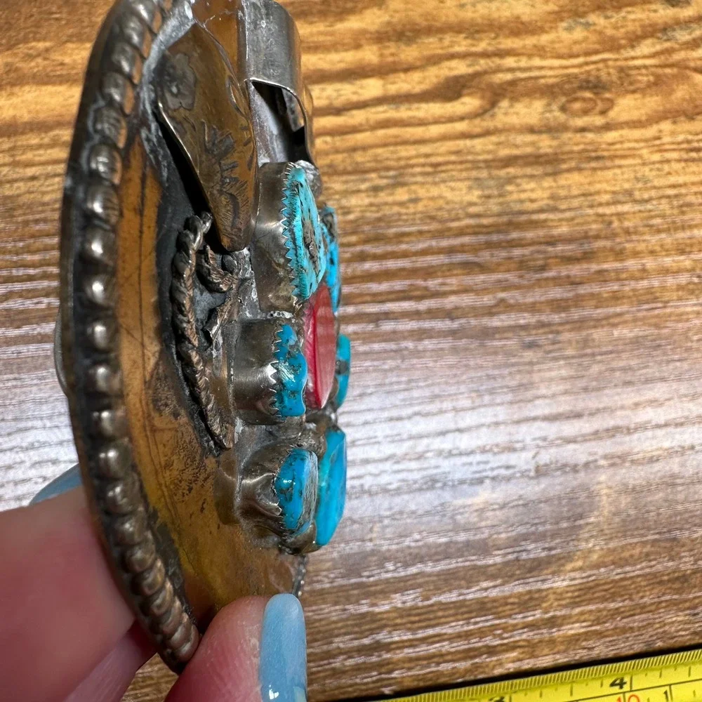 Vintage OE Native American Style Turquoise Red Coral Mixed Metal Belt Buckle